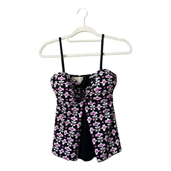 A Shore Fit Tankini Top Womens 8 Black Purple Bow Style 370505 Swim Tank - Picture 1 of 9